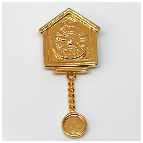 Jewelry Vintage Gold Rhinestone Coo Coo Clock With Moving Pendulum